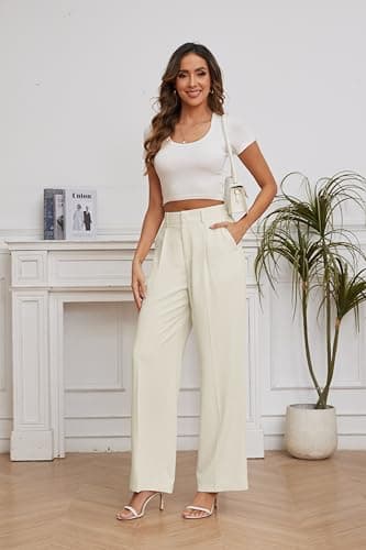 FUNYYZO Women Suit Pants Wide Leg Pants High Elastic Waisted in The Back Business Work Trousers Long Straight Beige - Image 2