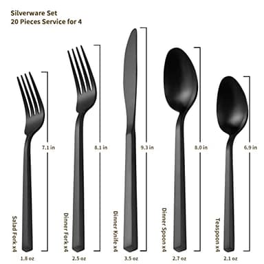 Alata Cube Black 20-Piece Forged Silverware Set Stainless Steel Flatware Set,Service for 4,Matte Satin Polished Cutlery Set,Dishwasher Safe - Image 3