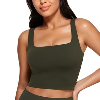 CRZ YOGA Butterluxe Womens Square Neck Longline Sports Bra - Workout Crop Tank Tops Padded Yoga Camisole with Built in Pads Olive Green Large - Image 1