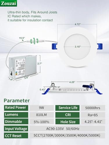 zouzai 24 Pack 4 Inch Ultra-Thin LED Recessed Ceiling Light with Junction Box 5CCT Adjustable Dimmable Can-Killer Downlight - ETL and Energy Star Certified (24 Pack 5CCT White, 4 Inch) - Image 6