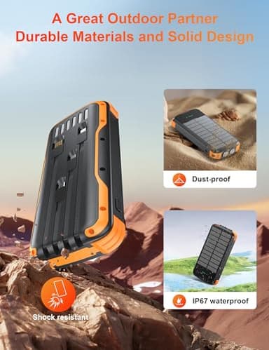 SOXONO Solar Charger Power Bank, PD 20W Fast Charging External Batter, 40000mAh Portable Phone Charger Built in 4 Cables with Dual Bright Flashlights for Camping, Hiking, and Outdoor Use - Image 8