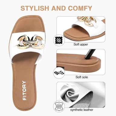 FITORY Women's Flat Sandals Fashion Slides With Soft Leather Slippers for White Summer Size 7 - Image 2