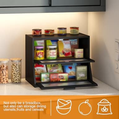 GHWIE Double Layer Bamboo Bread Box for Kitchen Counter,Large Capacity Bread Storage Bin,Bread Container with Acrylic Wavy Door Panel (Black, Medium) - Image 6