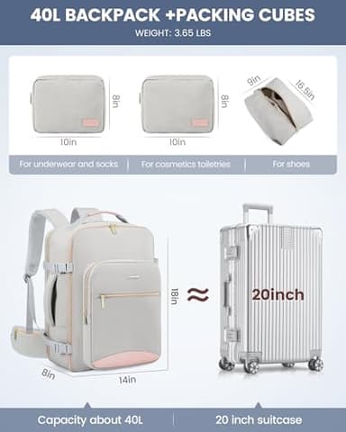 LOVEVOOK 40L Travel Backpack for Women Men with Waist Strap,Airline Approved Carry On Luggage Travel Essentials,TSA Carry On Backpack Personal Item Travel Bag Weekender Traveling with Packing Cubes - Image 4