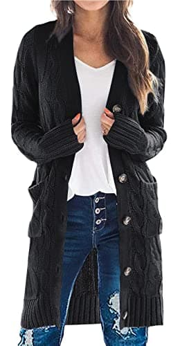 PRETTYGARDEN Long Sleeve Cable Knit Long Cardigan for Women 2025 Fall Winter Chunky Open Front Button Sweaters with Pockets (Black, Medium) - Image 1