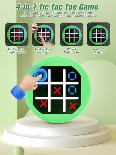 Dollox 4-in-1 Mini Tic Tac Toe Bolt Game, Electronic Handheld Game Puzzle Board Games Console Brain Training Includes Tic Tac Toe, Memory Flash, Whack-a-Mole Family Fun Travel Games (Green) - Image 2