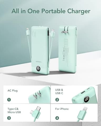 VEGER Portable Charger for iPhone with Built in Cables and Wall Plug, 10000mah Slim Fast Charging USB C Power Bank, Travel Essential Battery Pack Compatible with iPhone, iPad, Samsung etc(Green) - Image 2