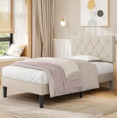 VECELO Twin Size Bed Frame with Button Tufted Headboard, Upholstered Platform Bedframe with Wood Slat Support, No Box Spring Needed, Beige - Image 3