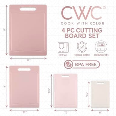 COOK WITH COLOR Non-Slip Cutting Board Set – Kitchen Essentials with Easy Grip Handle for Meat, Veggies, and Fruits, 4 Cutting Boards, Pink - Image 2