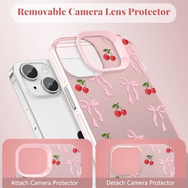 ZTOFERA for iPhone 14 Plus/15 Plus Case,Cute Pink Ribbon Bow Tie Planet Star Floral Aesthetic Phone Case,Trendy Slim Hard IMD Shockproof Protective Bumper Phone Cover for Women Girls,Cherry - Image 4
