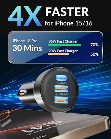 3-Port USB C Car Charger for iPhone 17/Air/16/16e/15 Pro Max Plus, 70W PD&QC Fast Charging USB-C&A Car Charger + USBC Cable for iPad, Galaxy, Android Accessories Cigarette Lighter Adapter - Image 3
