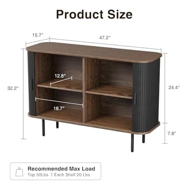 47''W x 32''H Storage Cabinet, Fluted Sideboard Buffet Cabinet with Storage, Console Table Credenza with Tambour Slatted Sliding Doors and Shelves for Living Room, Kitchen, Black - Image 2