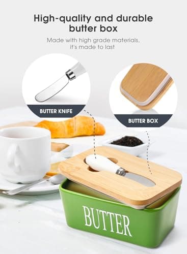 Butter Dish with Lid, Home Decor, Large Butter Dish for Countertop Ceramic Butter Keeper Container with Knife and High-Quality Silicone Sealing Butter Box Good Kitchen Gift Green - Image 4