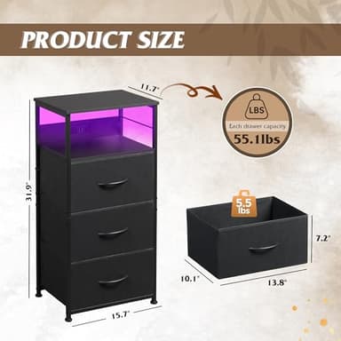 WLIVE LED Nightstand with Charging Station, Black Night Stand with 3 Fabric Drawers and Storage Shelf, Small Dresser for Small Space, 31.9" H Bedside Table with USB Ports and Outlets for Bedroom - Image 3