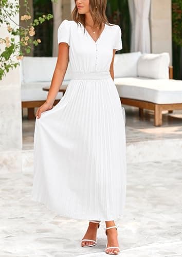PRETTYGARDEN Women's Summer Maxi Dresses 2025 Trendy Casual Button V Neck Ruffle Cap Sleeve Long Flowy Pleated Dress (White,Small) - Image 6