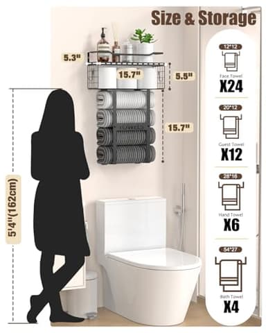 Wall Mounted Towel Rack for Bathroom - Bath Storage Holder Set Above Toilet, Rolled Towel Shelf Organizer, Wood Vertical Rack for Small Bathroom Decor, Black - Image 6