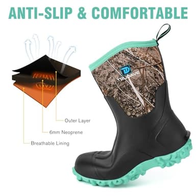 Trudave Rubber Boots for Women with Steel Shank, 6mm Neoprene Mid Calf Rain Boots, Waterproof Insulated Mud Work Boots All Season, Green, Size 8 - Image 4