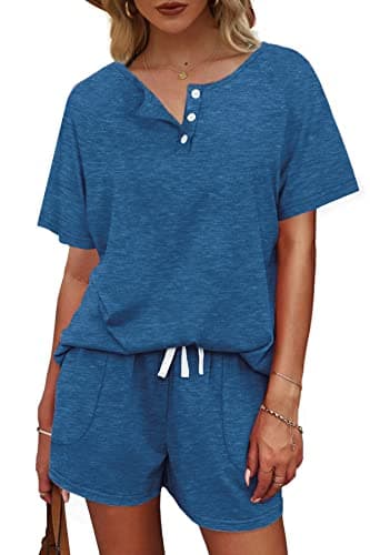 WIHOLL 2 Piece Vacation Outfits for Women Beach V Neck Tops and Bottoms Set Blue XL - Image 3