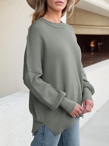 ANRABESS Women Oversized Sweaters Batwing Long Sleeve 2025 Fall Outfits Crewneck Casual Knit Side Slit Fashion Pullover Top Khaki Green Medium - Image 3