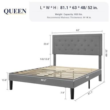 Allewie Queen Size Upholstered Platform Bed Frame with Adjustable Headboard, Button Tufted, Wood Slat Support, Easy Assembly, Light Grey - Image 2
