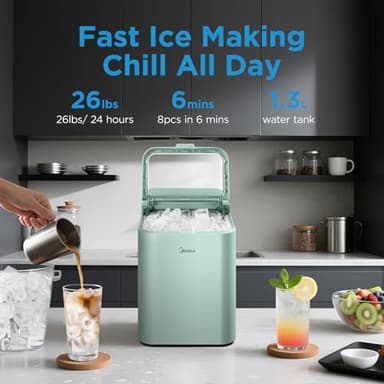Midea MERI26B1AGN Ice Maker Countertop, Portable Ice Maker 26lbs, 8 Cubes Ready in 6 Mins, Self-Cleaning with Ice Basket and Scoop, 2 Sizes of Bullet Ice for Home, Camping, Office, Party - Image 2