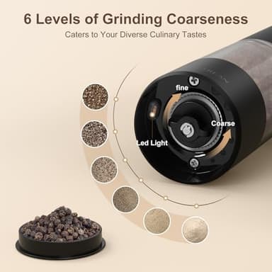 Ultrean Pepper Grinder, Rechargeable Salt and Pepper Grinder with 6 Adjustable Coarseness, LED Light, One-Hand Automatic Operation, Black - Image 3