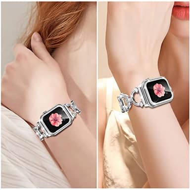 Mesime Compatible with Apple Watch Band 38mm 40mm 41mm 42mm 44mm 45mm , Women Girl Bling Diamond Jewelry Metal Strap Bands with Crystal Tempered Glass Screen Protector Case, Round Shiny Bracelet - Image 5