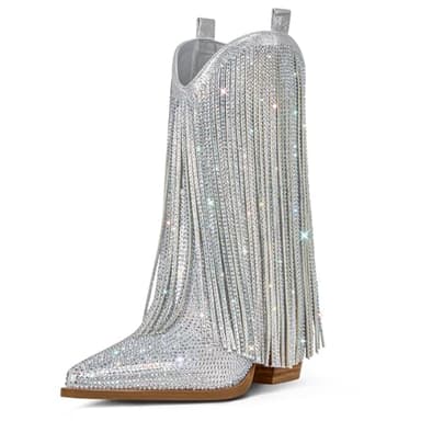 Ouepiano Cowboy Boots for Women - Cowgirl Rhinestone Boots with Sparkly Fringe Pointed Toe Western Boot Chunky Heel Pull-On Wide Calf Silver Botas Vaqueras Size 6.5 - Image 1