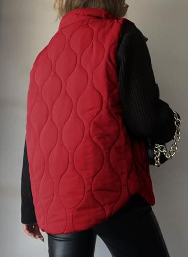EVALESS Womens Fashion Cropped Christmas Puffer Vest Fall 2025 Lightweight Quilted Stand Collar Sleeveless Button Down Jackets Winter Warm Coat Outerwear Gilet with Pockets Red X-Large - Image 4