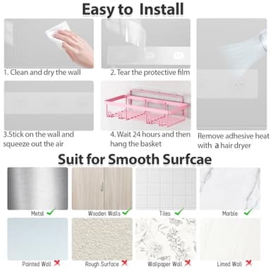 Liuoud 5 Pack Shower Caddy Organizer Rack Shelf for Inside Shower, Adhesive Bathroom Wall Storage Basket Rustproof Stainless Steel Shampoo Holder, Girly Bathroom Accessory Decor Set, Pink - Image 7