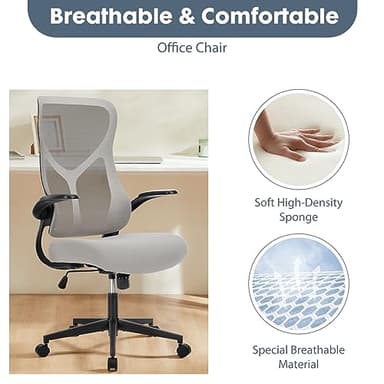Sweetcrispy High Back Office Chair - Ergonomic Computer Gaming Mesh Chairs with Lumbar Support, with Soft Flip Up Arms, Adjustable Height and 360° Wheels, 120° Rocking Mode, Light Grey - Image 3