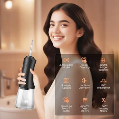 Water Dental Flosser - Portable Cordless Oral Irrigator 300ML, Rechargeable IPX7 Waterproof Irrigation Cleaner for Teeth Cleaning & Flossing, Travel & Home Use - Image 2