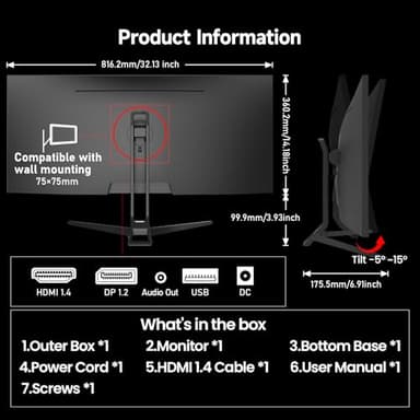 Gawfolk Gaming Monitor 34 inch IPS 120Hz, Ultrawide PC Screen 2560×1080P Ultra-Thin Zero Frame Computer Display for Home Office Business, DP, HDMI, Wall-Mounted, Black - Image 6