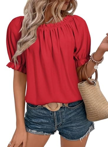 EVALESS Womens Tops Short Sleeve Shirts for Women Country Concert Outfits Summer Clothes Trendy 2025 Off The Shoulder Tops Dressy Casual Chiffon Blouses Loose Fit Spring Red Shirts, Medium - Image 1