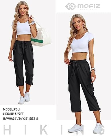 MoFiz Women's Cargo Capris Pants Loose Fit Casual Hiking Pants Lightweight Quick Dry Travel Summer Pants for Women Black XL - Image 6