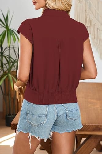 Cakulo Womens Summer Short Sleeve Button Down Shirts 2025 Dressy Casual Polo V Neck Collared Blouses Tops Ruby M - Image 5