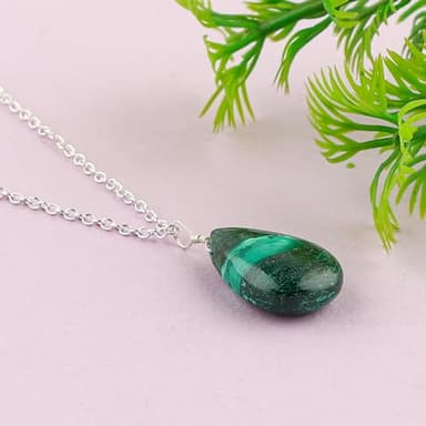 CRYSTALINES Natural Green Malachite Gemstone Pendant Necklace, Polished Stones, Chakra Healing Crystals, Handmade Jewelry, Silver Plated-Adjustable Chain-18 inch, Mother's Day - Image 3