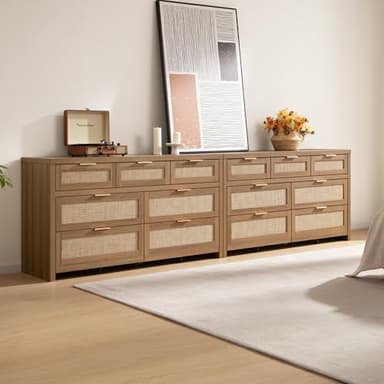 SICOTAS 7 Drawer Dresser for Bedroom, 57" Wide Rattan Dressers, Large Chest of Drawers for Bedroom, Dresser TV Stand, Boho Closet Organizer (Reclaimed Caramel Oak, 7 Drawers (1 pc)) - Image 8