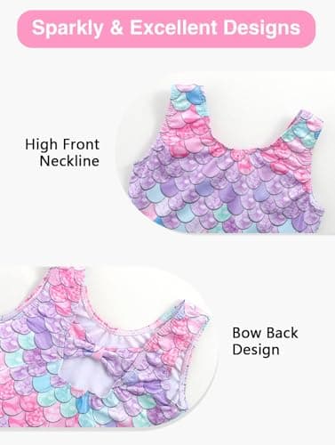 HOZIY Girls Gymnastics Outfit Mermaid Blue Pink Sparkle Bow Back Sleeveless Leotard+Shorts+Scrunchie Activewear Unitard Tumbling Outfits Size 5-6 - Image 3