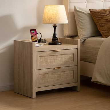 SICOTAS Rattan Nightstands Set of 2 Bedside Table - Bedroom Night Stand with Type-C Charging Station, 2 Drawers Storage - Boho Night Stands End Table for Bedroom Office - Light Oak - Image 2