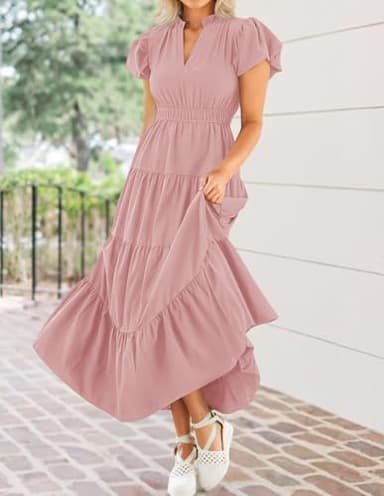 ZESICA Women's Summer Casual Maxi Dress 2025 Puff Short Sleeve V Neck Ruffle Tiered Flowy Boho Beach Dresses,Dusty Pink,Medium - Image 5