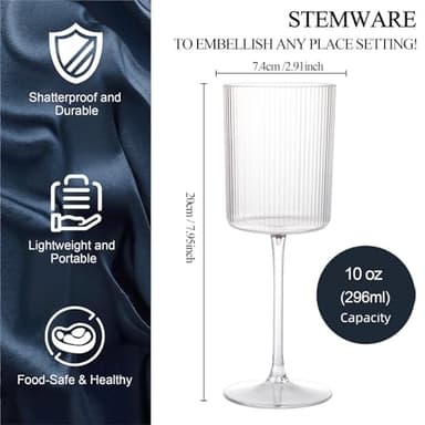 Ciaell 12 PCS Plastic Ribbed Wine Glasses - 10 OZ Plastic Square Wine Glasses with Stem - Disposable Champagne Cups for Parties & Weddings & Party - Image 2