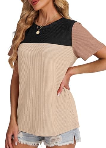 WIHOLL Womens Tops Trendy Casual Womens Fall Fashion 2025 Waffle Knit Short Sleeve Shirts for Women Old Money Clothes Teacher Outfits Color Block Patchwork Tunic Pullover Soft Striped Black L - Image 4