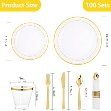 DaYammi 350PCS Clear Gold Plastic Dinnerware Set for 50 Guests, Fancy Disposable Plates for Party, Include: 50 Dinner Plates, 50 Dessert Plates, 50 Pre Rolled Napkins with Gold Silverware, 50 Cups - Image 4