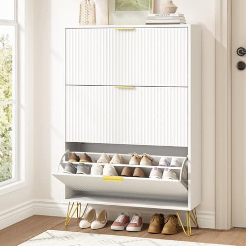 NOVAMAISON Slim Shoe Cabinet with 3 Flip Drawers, Fluted Shoe Cabinet Storage for Entryway, Narrow Shoe Storage Cabinet, Modern Freestanding Shoe Rack Organizer for Entryway, White - Image 1