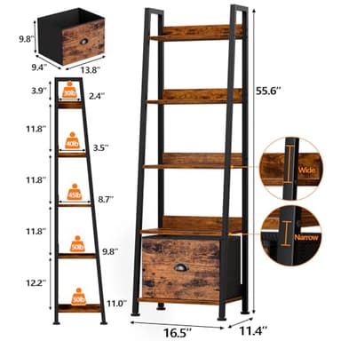 Furologee 5-Tier Ladder Shelf, Ladder Bookshelf with Removable Drawer, Rustic Bookcase Storage Rack Organizer, Wood Metal Freestanding Storage Shelf for Living Room, Home Office, Bedroom, Balcony - Image 3