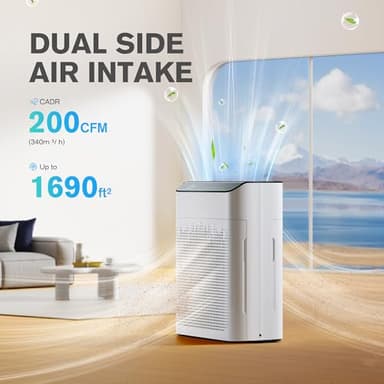 MERONTE Air Purifier for Home Large Room up to 1690 ft², HEPA Filter with PM 2.5 Monitor, WiFi and Alexa Compatible, Dual Air Intake for Smoke, Odor, Pets, White - Image 2