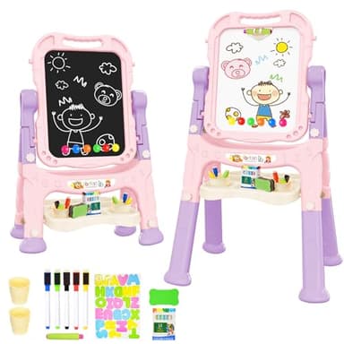 Amagoing Easel for Kids, Adjustable Standing Art Easel for Toddler, Double Side White Chalk Board with Painting Accessories, Birthday Christmas Gift for Little Girls and Boy Age 3 4 5, Pink - Image 1