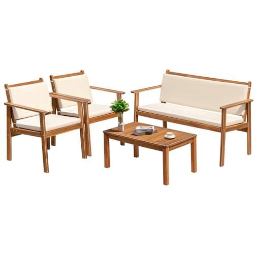 Greesum Outdoor Patio Furniture, 4 Piece Bistro Sofa Set with Coffee Table and Loveseat, Acacia Wood Conversation Sets with Cushions, for Garden, Backyard, Poolside, White - Image 1