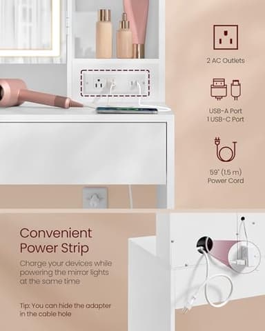 VASAGLE KAILYN Collection - Vanity Desk with Power Outlets, Makeup Vanity with Mirror and Lights, Upholstered Vanity Stool, LED Lights, 6 Compartments, 2 Drawers, for Bedroom, Cloud White URDT031W01 - Image 4